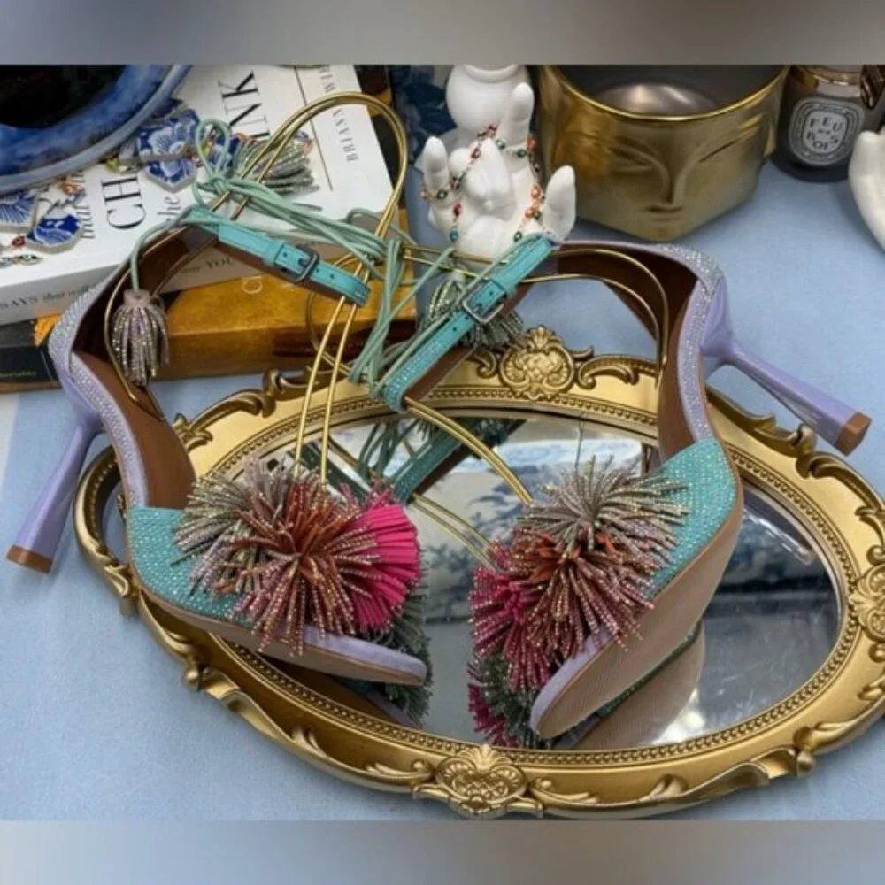 🆕 KURT GEIGER LONDON 🧿 NWOB Lilac & Teal Pom Pom Tie Ankle Heel, Sz 36 US 6 - Picture 11 of 15